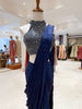 Midnight Navy Blue Mirror and Silver Beads Embroidered Design Satin Ready to Wear Draped Saree with Halter Blouse