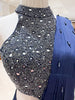 Midnight Navy Blue Mirror and Silver Beads Embroidered Design Satin Ready to Wear Draped Saree with Halter Blouse