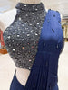 Midnight Navy Blue Mirror and Silver Beads Embroidered Design Satin Ready to Wear Draped Saree with Halter Blouse
