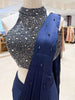 Midnight Navy Blue Mirror and Silver Beads Embroidered Design Satin Ready to Wear Draped Saree with Halter Blouse