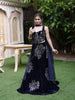 Midnight Navy Blue Oversized Floral Sequins and Beads Embroidered Design Velvet Party Wear Lehenga with Designer Choker Dupatta