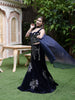 Midnight Navy Blue Oversized Floral Sequins and Beads Embroidered Design Velvet Party Wear Lehenga with Designer Choker Dupatta