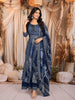 Midnight Navy Blue Traditional Geometric Printed Design Crepe Silk Anarkali Salwar Suit with Matching Dupatta