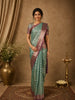 Sea Green Ikat Design Semi Banarasi Saree with Contrast Purple Zari Border