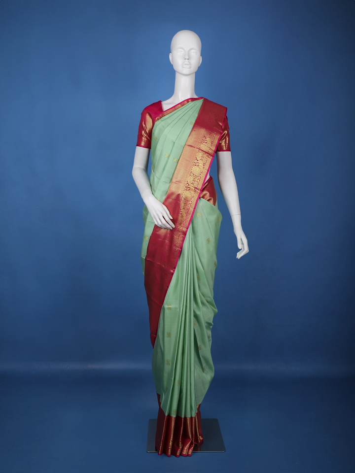 Mint Green Floral Design Zari Woven Silk Saree - Diadem