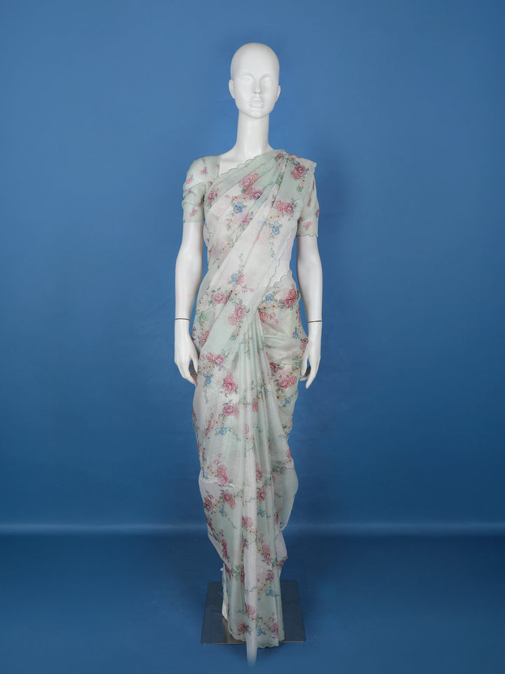 Mint Green Floral Designed Kota Cotton Saree - Diadem