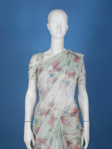 Mint Green Floral Designed Kota Cotton Saree - Diadem