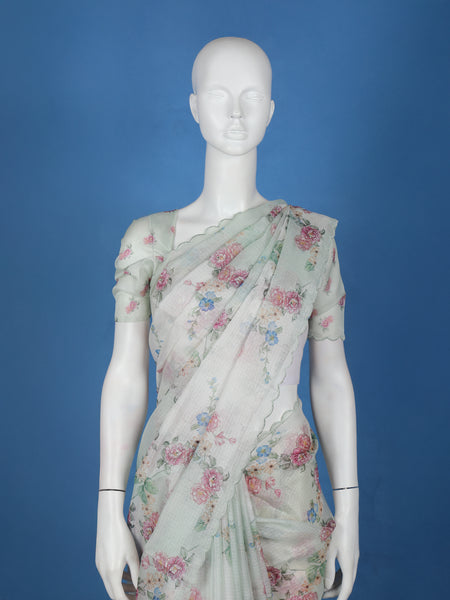 Mint Green Floral Designed Kota Cotton Saree - Diadem