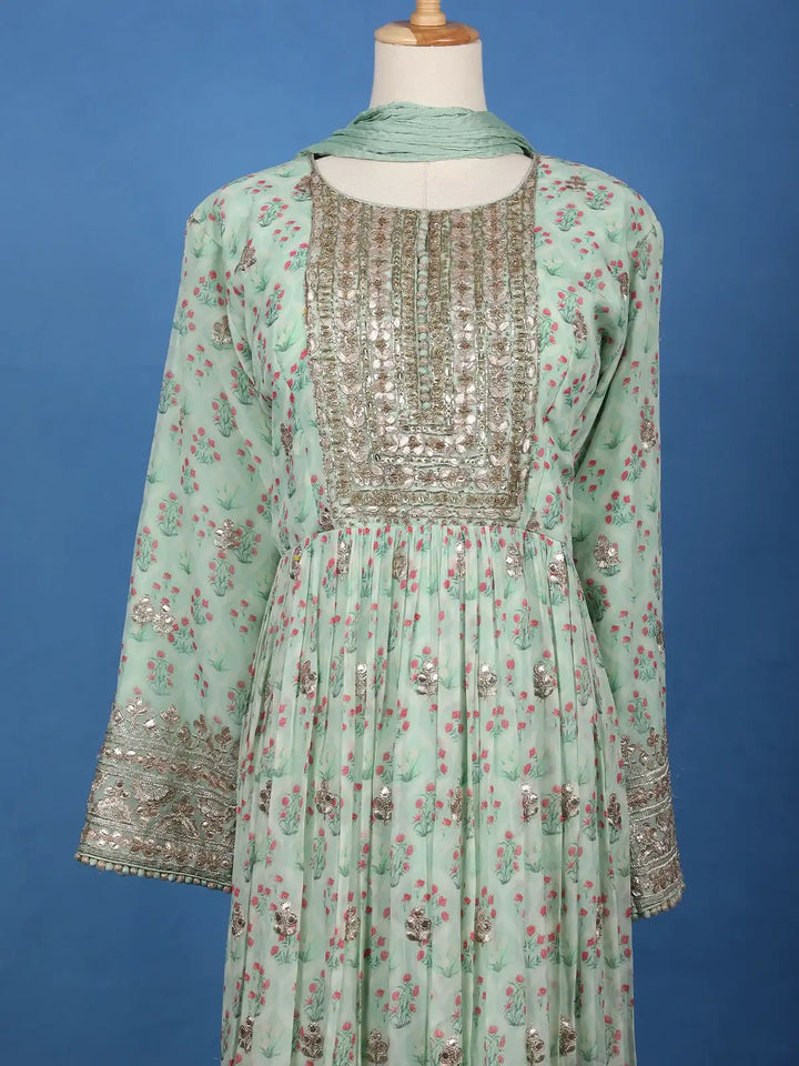 Mint Green Floral Printed Anarkali Gown Set - Diadem