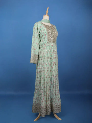 Mint Green Floral Printed Anarkali Gown Set - Diadem