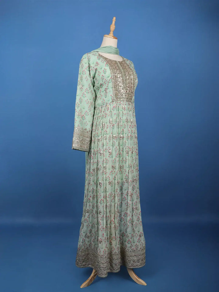 Mint Green Floral Printed Anarkali Gown Set - Diadem