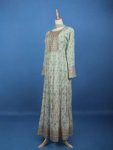 Mint Green Floral Printed Anarkali Gown Set - Diadem