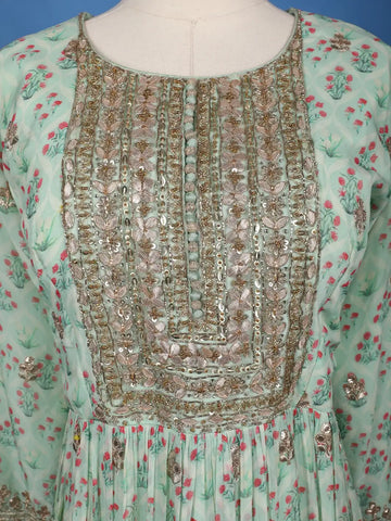 Mint Green Floral Printed Anarkali Gown Set - Diadem