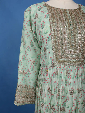 Mint Green Floral Printed Anarkali Gown Set - Diadem
