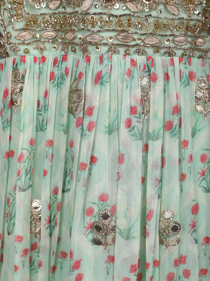 Mint Green Floral Printed Anarkali Gown Set - Diadem