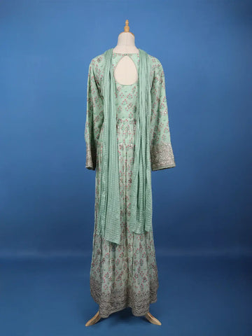 Mint Green Floral Printed Anarkali Gown Set - Diadem