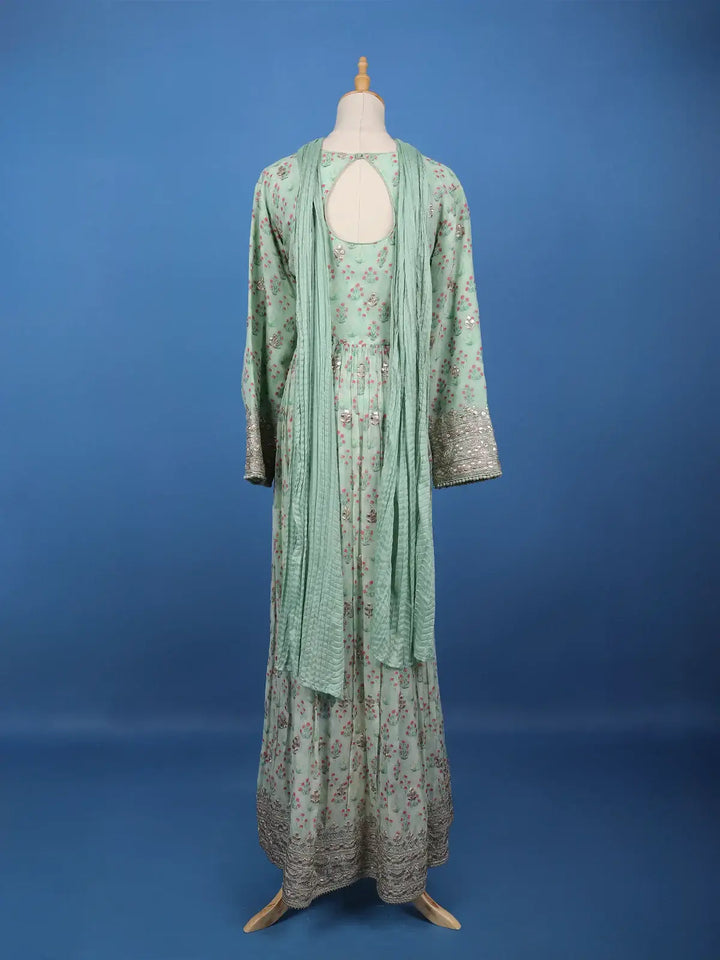 Mint Green Floral Printed Anarkali Gown Set - Diadem