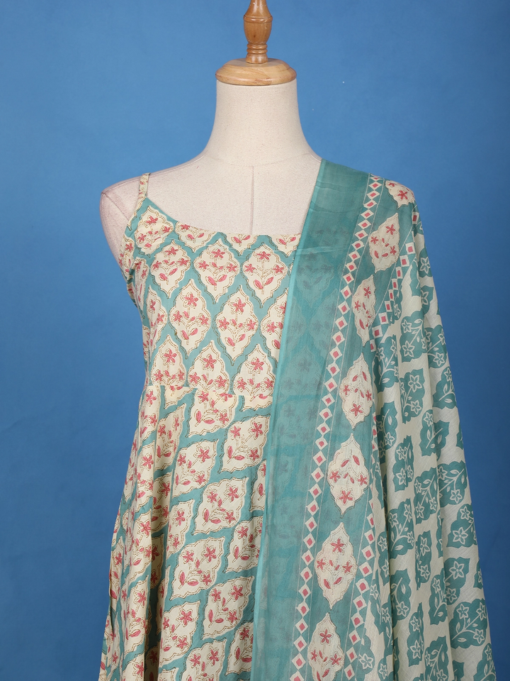 Mint Green Floral Printed Cotton Salwar Suit - Diadem