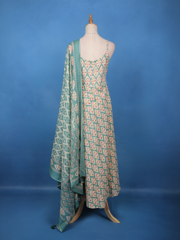Mint Green Floral Printed Cotton Salwar Suit - Diadem
