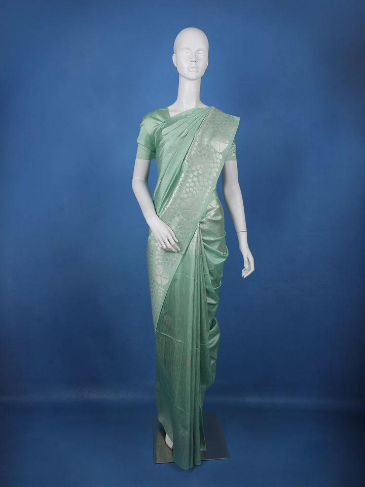 Mint Green Geometric Design Semi Tissue Saree - Diadem