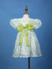Mint Green Heart Print Party Synthetic Frock with Puff Sleeves & Bow - Diadem