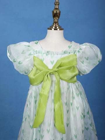 Mint Green Heart Print Party Synthetic Frock with Puff Sleeves & Bow - Diadem