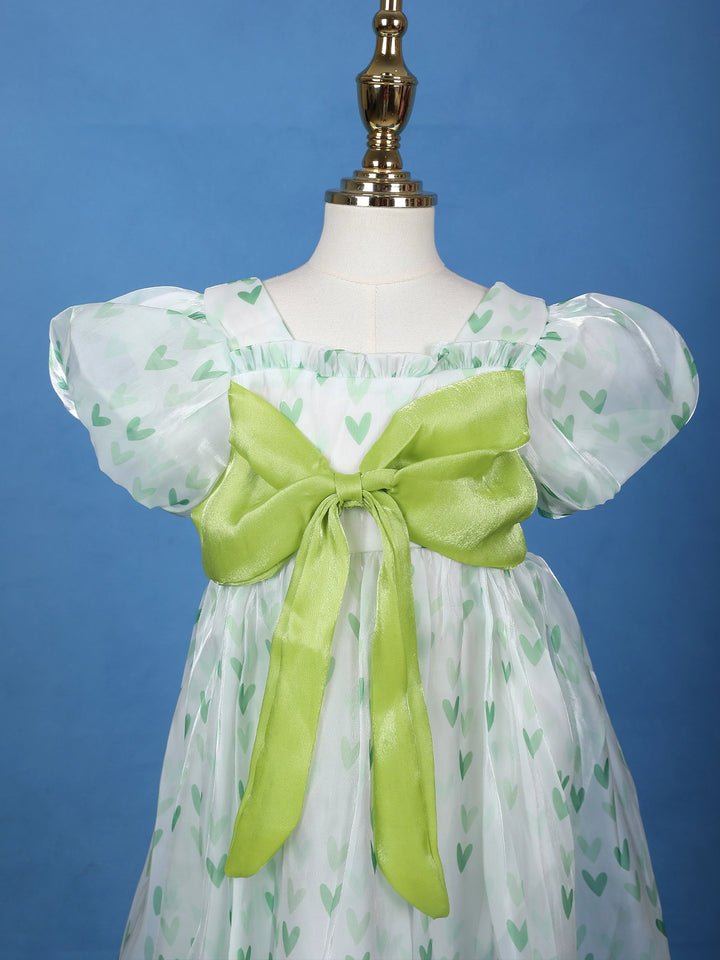 Mint Green Heart Print Party Synthetic Frock with Puff Sleeves & Bow - Diadem