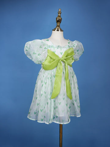 Mint Green Heart Print Party Synthetic Frock with Puff Sleeves & Bow - Diadem