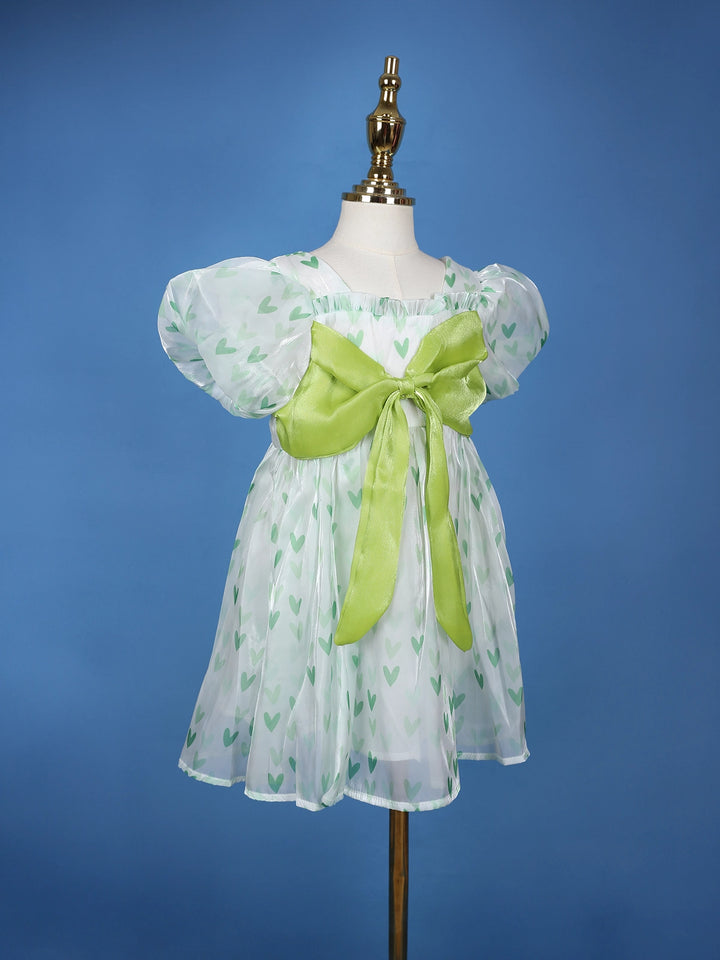 Mint Green Heart Print Party Synthetic Frock with Puff Sleeves & Bow - Diadem