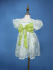 Mint Green Heart Print Party Synthetic Frock with Puff Sleeves & Bow - Diadem