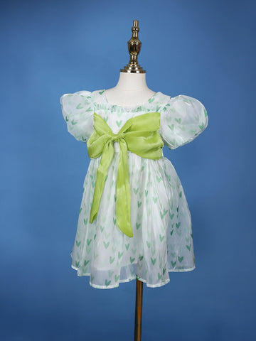 Mint Green Heart Print Party Synthetic Frock with Puff Sleeves & Bow - Diadem
