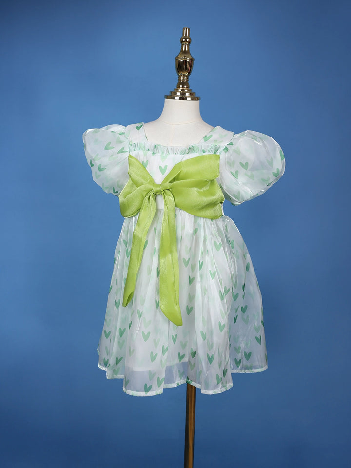 Mint Green Heart Print Party Synthetic Frock with Puff Sleeves & Bow - Diadem
