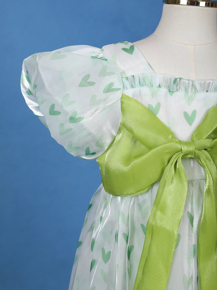Mint Green Heart Print Party Synthetic Frock with Puff Sleeves & Bow - Diadem