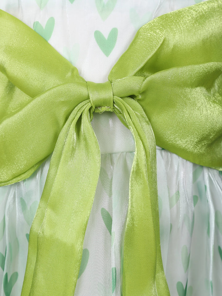 Mint Green Heart Print Party Synthetic Frock with Puff Sleeves & Bow - Diadem