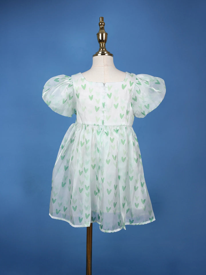 Mint Green Heart Print Party Synthetic Frock with Puff Sleeves & Bow - Diadem