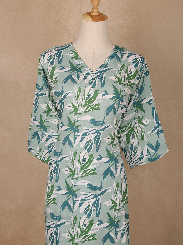 Mint Green Leaf Printed Satin Salwar Suit - Diadem