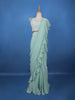 Mint Green Ruffle Drape Georgette Ready To Wear Saree with Sequin Embroidered Blouse - Diadem