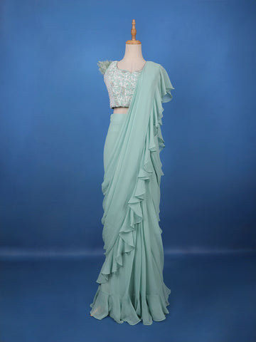 Mint Green Ruffle Drape Georgette Ready To Wear Saree with Sequin Embroidered Blouse - Diadem