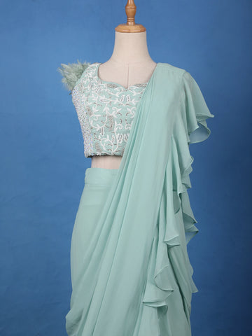 Mint Green Ruffle Drape Georgette Ready To Wear Saree with Sequin Embroidered Blouse - Diadem