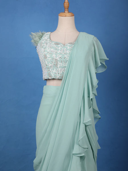 Mint Green Ruffle Drape Georgette Ready To Wear Saree with Sequin Embroidered Blouse - Diadem