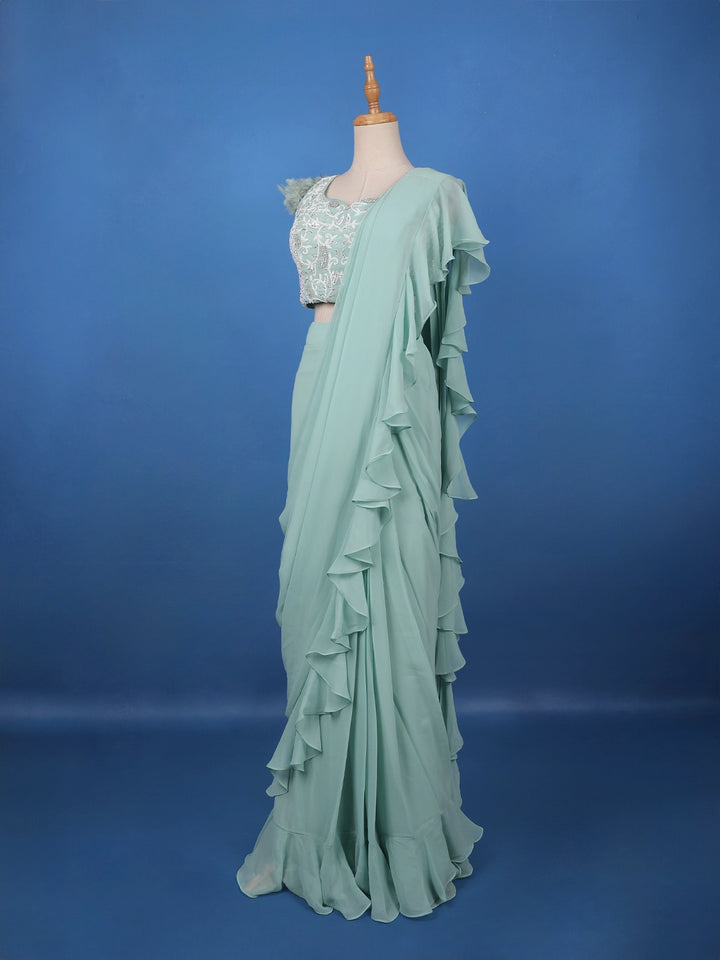 Mint Green Ruffle Drape Georgette Ready To Wear Saree with Sequin Embroidered Blouse - Diadem
