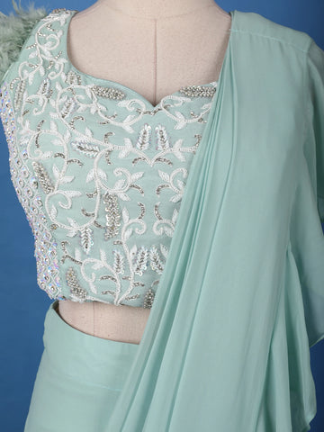 Mint Green Ruffle Drape Georgette Ready To Wear Saree with Sequin Embroidered Blouse - Diadem