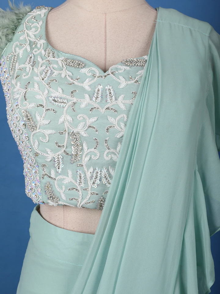 Mint Green Ruffle Drape Georgette Ready To Wear Saree with Sequin Embroidered Blouse - Diadem