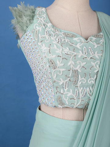 Mint Green Ruffle Drape Georgette Ready To Wear Saree with Sequin Embroidered Blouse - Diadem