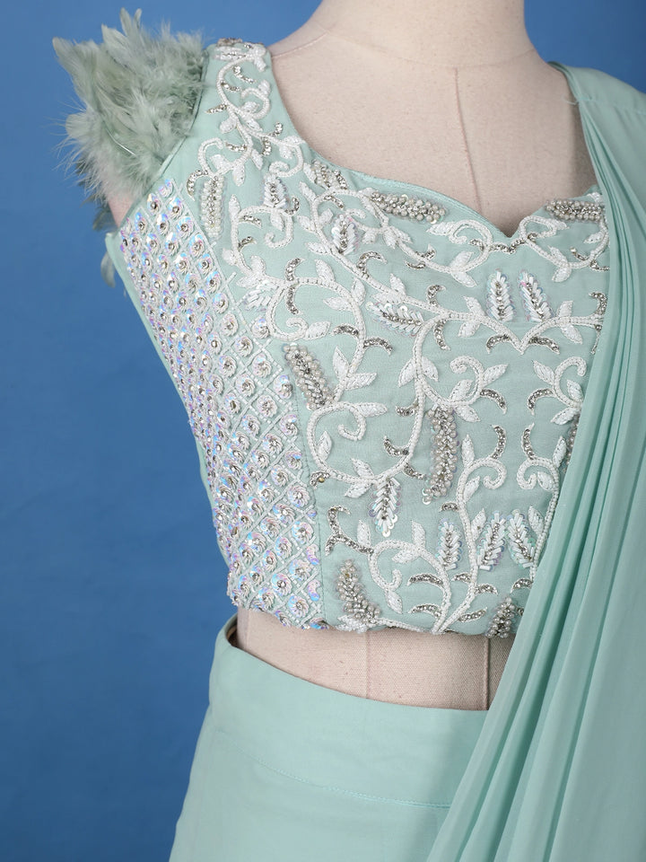 Mint Green Ruffle Drape Georgette Ready To Wear Saree with Sequin Embroidered Blouse - Diadem