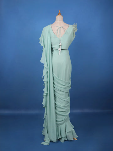 Mint Green Ruffle Drape Georgette Ready To Wear Saree with Sequin Embroidered Blouse - Diadem