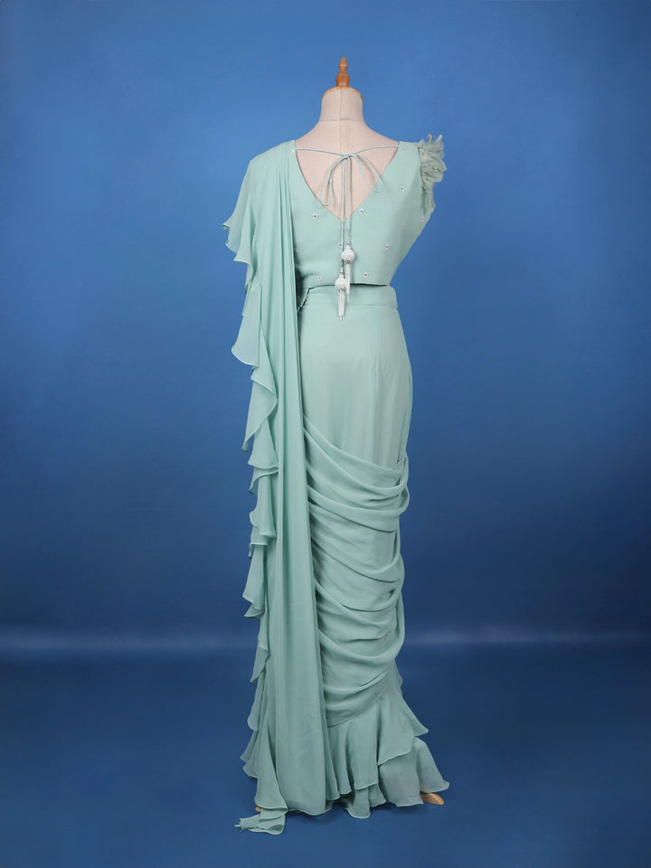 Mint Green Ruffle Drape Georgette Ready To Wear Saree with Sequin Embroidered Blouse - Diadem
