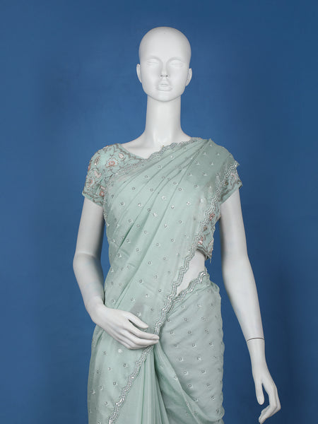 Mint Green Sequins Design Georgette Saree - Diadem