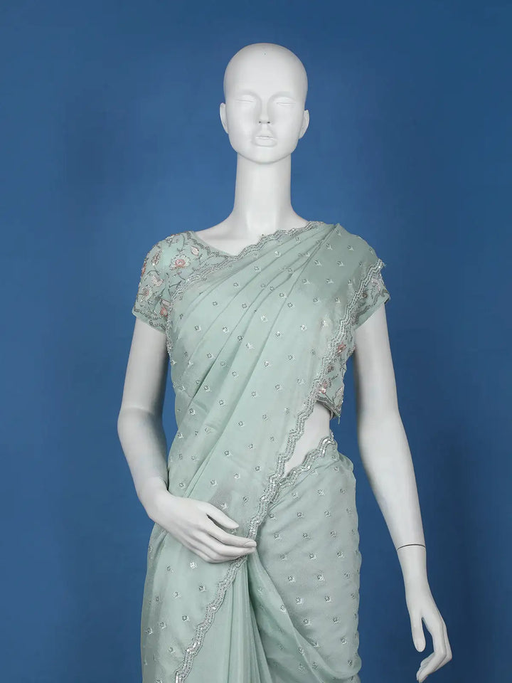 Mint Green Sequins Design Georgette Saree - Diadem