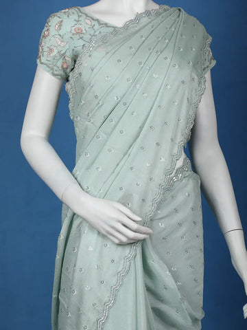 Mint Green Sequins Design Georgette Saree - Diadem